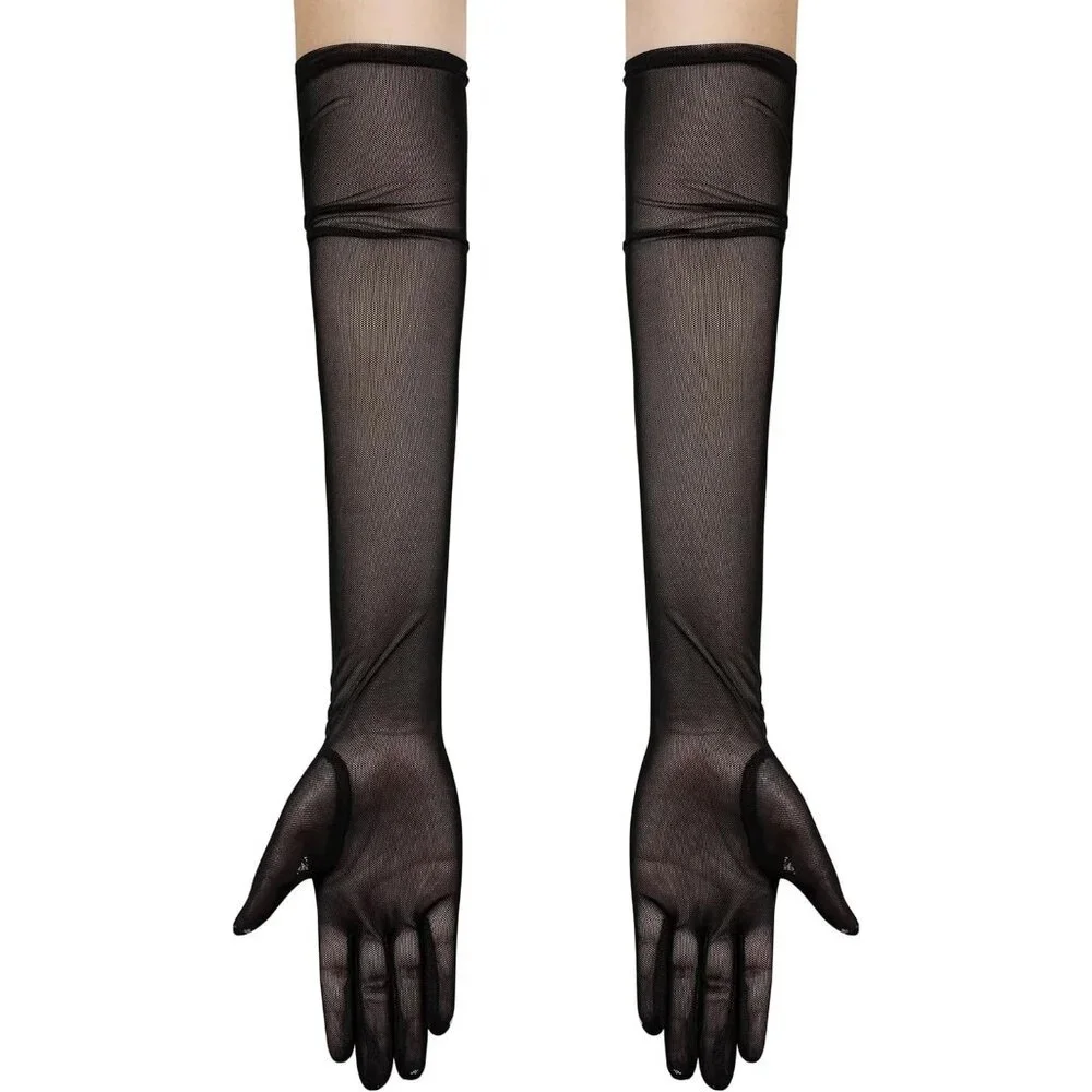 Women's Tulle Mesh Orange Long Stretchy Gloves Halloween Party Wedding Costume